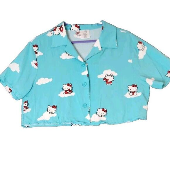 Sanrio Hello Kitty Cropped button up Top Aqua Blue Collared Short Sleeve Rayon L - Picture 1 of 6